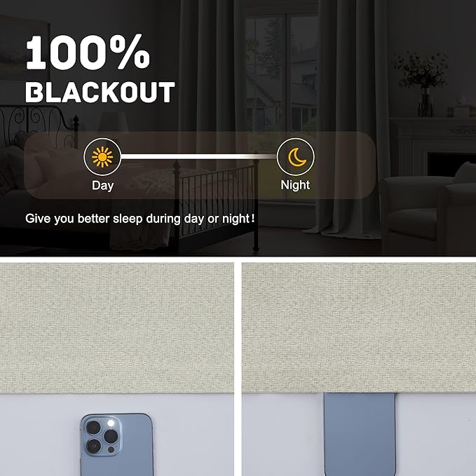 100% Blackout Linen Textured Curtains for Living Room, Bedroom, Light Weight Curtains with Grommets Top, Full Blackout Curtains Privacy Protection, Natural Linen, 52" W x 95" L, 2 Panels