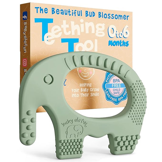 Baby Elefun Baby Teething Toys 5X Pain Relief Zero Delay 0-6 Months, Olive