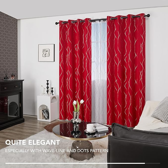 Deconovo Christmas Red Curtains, Blackout Thermal Insulated Soundproof Drape, Wave Line Dot Foil Print, 52 x 95 Inch, 2 Panels, Machine‑Washable Window Panel for Living Room Bedroom Sliding Glass Door