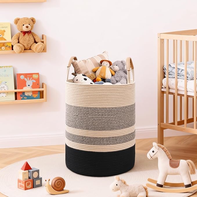 75L Striped Laundry Basket, Brown & Black Laundry Hamper with Leather Handles, Woven Cotton Rope Storage Bin for Blankets, Nursery Hamper for Clothes, Toys In Bathroom, Livingroom, Bedroom