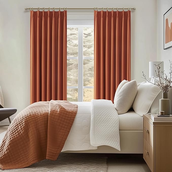 Fall Burnt Orange Curtains Blackout 54 Inches Long 2 Panels Set, Terracotta Autumn Color Decor Retro for Living Room/Bedroom Antique Copper Rust Boho 70s Window Pinch Pleated Linen Drapes (W40"xL54")