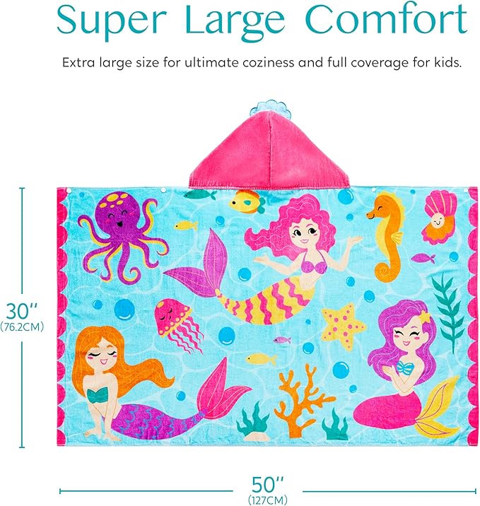 Joiedomi Mermaid Hooded Towels for Kids Soft 100% Cotton Kids Beach Towel 30" x 50" for 3-10 Years Boy Girl Beach Hooded Poncho Absorbent Pool Toddler Swim Bath Wrap