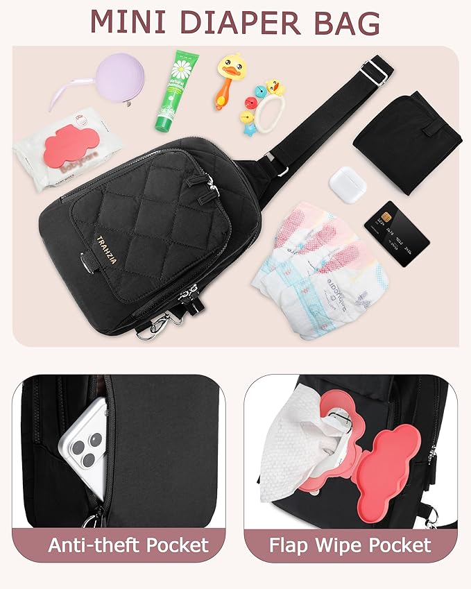Mini Diaper Bag with Portable Changing Pad, Small Crossbody Diaper Purse with Wipe Pouch for Travel and Daily Use, Black (Empty Bag)