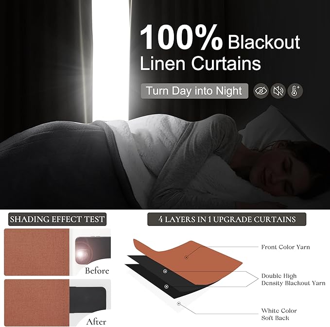 Fall Burnt Orange Curtains Blackout 54 Inches Long 2 Panels Set, Terracotta Autumn Color Decor Retro for Living Room/Bedroom Antique Copper Rust Boho 70s Window Pinch Pleated Linen Drapes (W40"xL54")