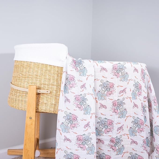 LollyBanks Baby Blanket, 100% Cotton Muslin Swaddle for Baby Girls, Soft and Breathable 47 x 47 Inches Receiving Blanket, Lightweight Newborn Swaddle, Newborn Essentials Must Haves (Lotus Print)