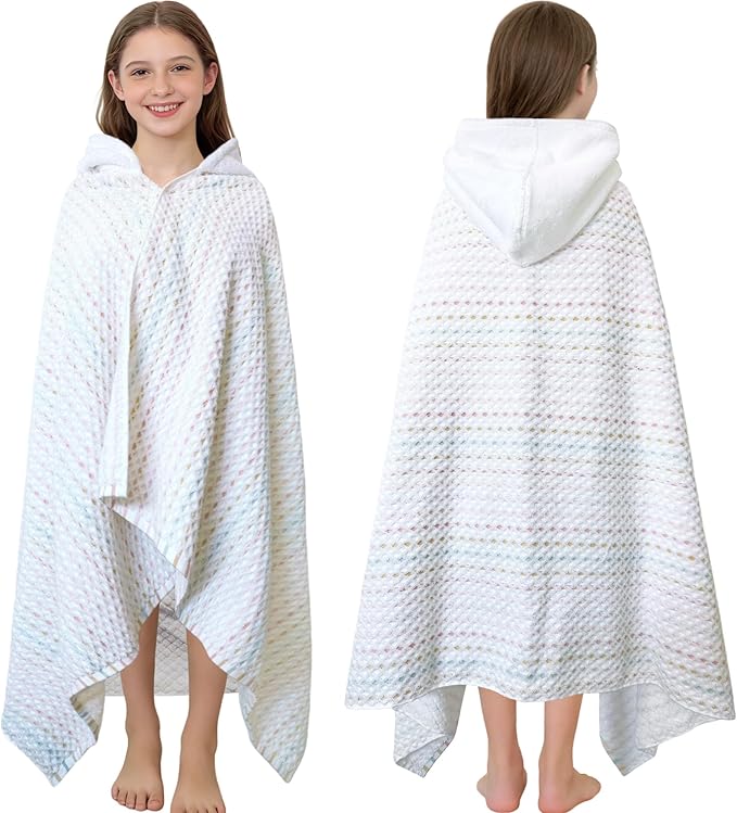 VOOVA & MOVAS Teens Bath Towel with Hood (8-14 Years,64"X33") | Soft Quick Dry Absorbent 100% Cotton Thick Towel Wrap | Versatile Beach, Pool, Swim & Bath Cover-Up | Pastel Mix Fine Stripe