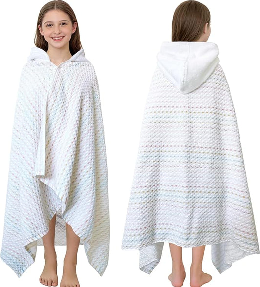 VOOVA & MOVAS Teens Bath Towel with Hood (8-14 Years,64"X33") | Soft Quick Dry Absorbent 100% Cotton Thick Towel Wrap | Versatile Beach, Pool, Swim & Bath Cover-Up | Pastel Mix Fine Stripe