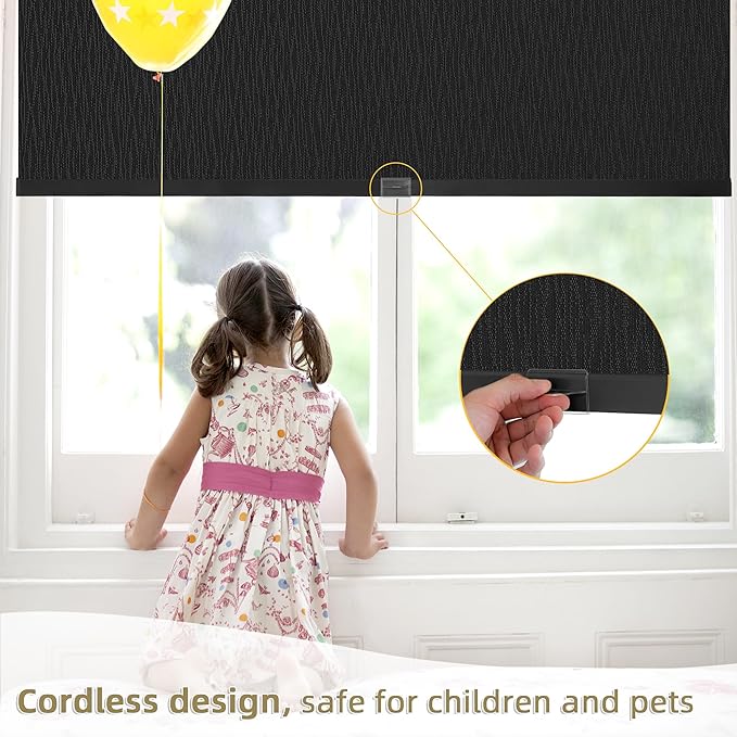 ChrisDowa Cordless Blackout Roller Shades for Windows, Striped Free-Stop Window Blinds with Privacy, Thermal Insulated Window Shades for Home, Office and Door. Black, 62" W x 72" H