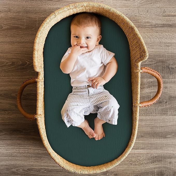 Pro Goleem Muslin Bassinet Sheet for Boys and Girls, Soft Breathable Fitted Cotton Baby Sheets Set for Oval Hourglass and Rectangular Bassinet Mattress, Neutral, 2 Pack (Grey＆Green)