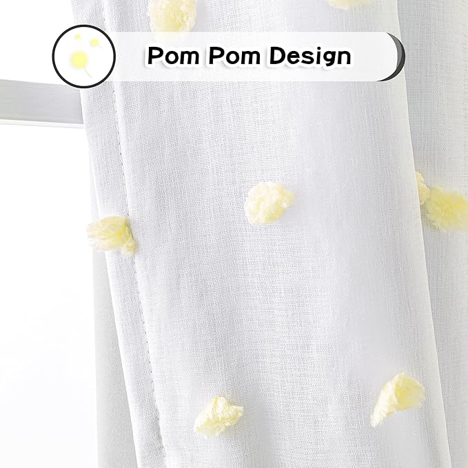 MYSKY HOME 100% Blackout Curtains for Kids Bedroom Thermal Insulated 95 Inch Length Nursery Curtains 2 Panels Grommet Light Filtering Yellow Pom Pom Sheer Drapes Double Layers Dining Room, 52W x 95L