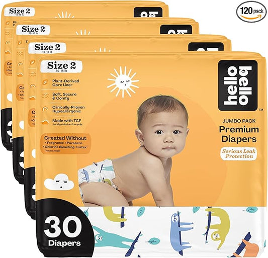 Hello Bello Premium Baby Diapers Size 2, 30 Count of Disposable, Extra-Absorbent, Hypoallergenic Diapers with Snug and Comfort Fit, Sleepy Sloth (Pack of 4)