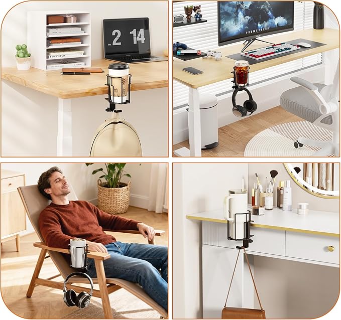 Large Desk Cup Holder, 2-in-1 Clip On Cup Holder with Headphone Hook, Heavy-Duty Metal Drink Holder for Insulated Tumblers, Big Water Bottles, Fits Office Desk Organizer, Dorm, Gaming Setup (2 Pack)