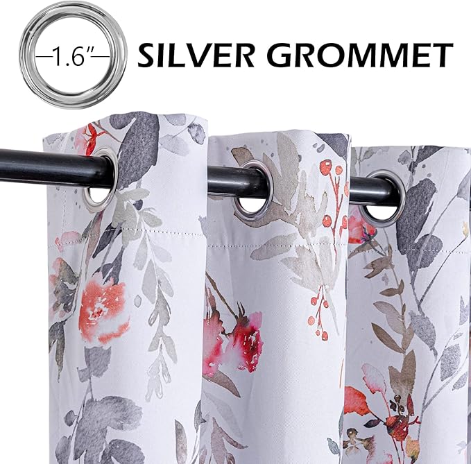 MYSKY HOME Curtains, 63 Inch Length, 2 Panels - Floral Bedroom & Kitchen Dormer Window Farmhouse Curtains, Blackout Grommet Drapess, Red and Gray