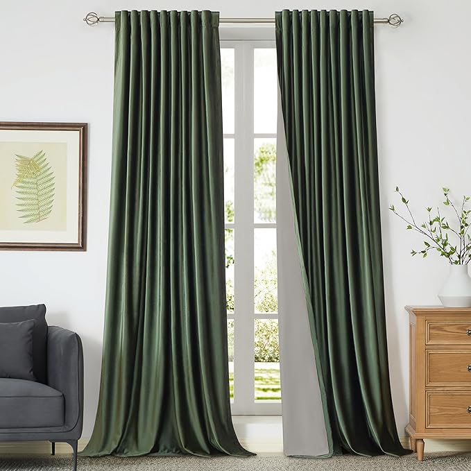 100% Full Blackout Olive Green Velvet Curtains 120 inch Long for Living Room,Set of 2 Liner Rod Pocket Back Tab Thermal Window Curtains Room Darkening Heavy Decorative Curtains Drapes for Bedroom