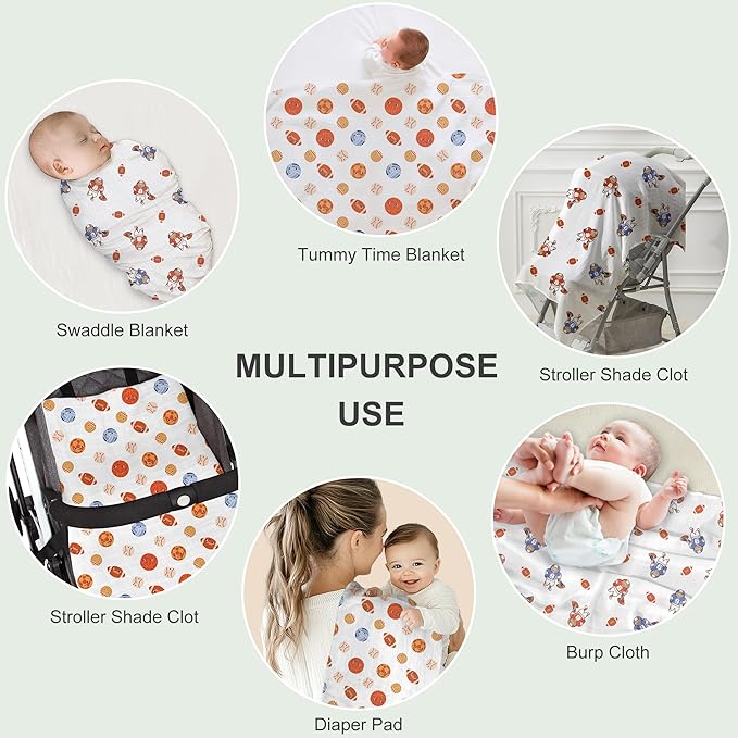70% Rayon Made from Bamboo 30% Cotton Muslin Swaddle Blanket, 47 x 47 Inches, Sports Theme Baby Receiving Blanket, Soft and Breathable, Unisex, 2 Pack
