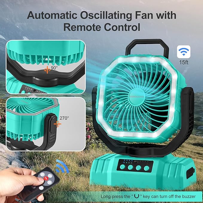 Odoland Portable Camping Fan with LED Lantern, 20000mAh Rechargeable Battery Powered Fan with Auto Oscillation, Timer, Remote, 360° Rotation Hook, 4 Speeds for Power Outage Travel Home, Cayan
