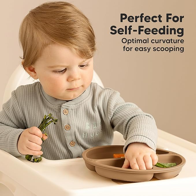 KeaBabies Suction Plates for Baby, Toddler - 3-Pack 100% Silicone Toddler Plates with Suction, Divided, BPA-Free Baby Led Weaning Essentials for Kids, Dishwasher, Microwave Safe, Durable (Olives)