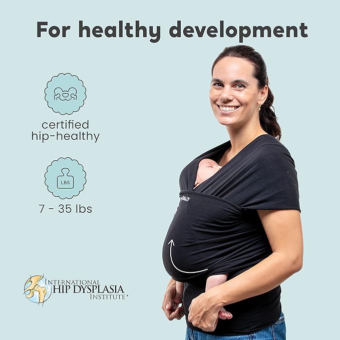 Cuddlebug Hands-Free Baby Carrier - Soft & Stretchy Wrap for Newborn to Toddler 7-35 lbs - One-Size-Fits-All Hip-Healthy Holder (Black)