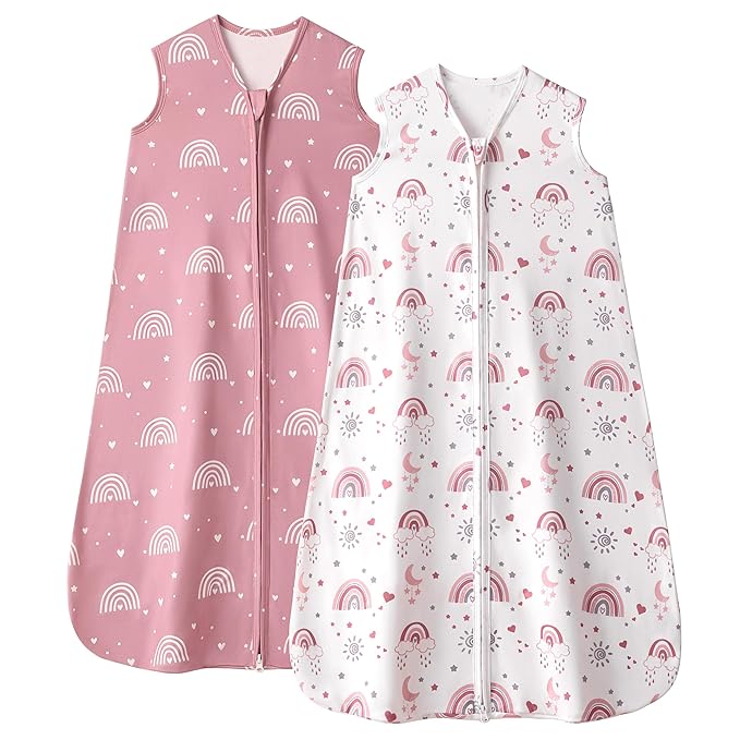 FIEMOL Baby Sleep Sack 6-12 Months, 0.5 TOG Wearable Blanket for Baby Boy and Girl, 2-Way Zipper Newborn and Infant Sleeping Bag 2 Pack, Lightweight Sleep Sacks Pink Rainbow（Medium）