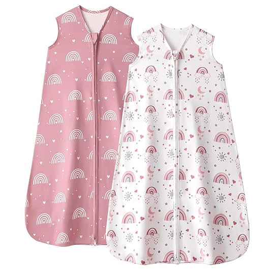 FIEMOL Baby Sleep Sack 6-12 Months, 0.5 TOG Wearable Blanket for Baby Boy and Girl, 2-Way Zipper Newborn and Infant Sleeping Bag 2 Pack, Lightweight Sleep Sacks Pink Rainbow（Medium）