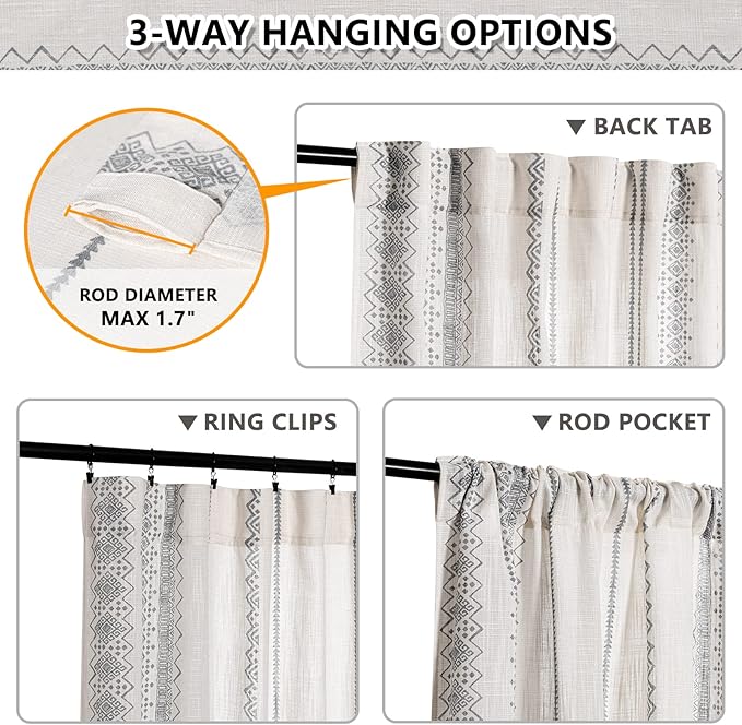 MEETSKY Light Filtering Curtains 95 Inches Long Boho Cotton Curtains for Dining Room Bohemian Geometric Printed Linen Style Burlap Effect Modern Back Tab Window Drapes for Home