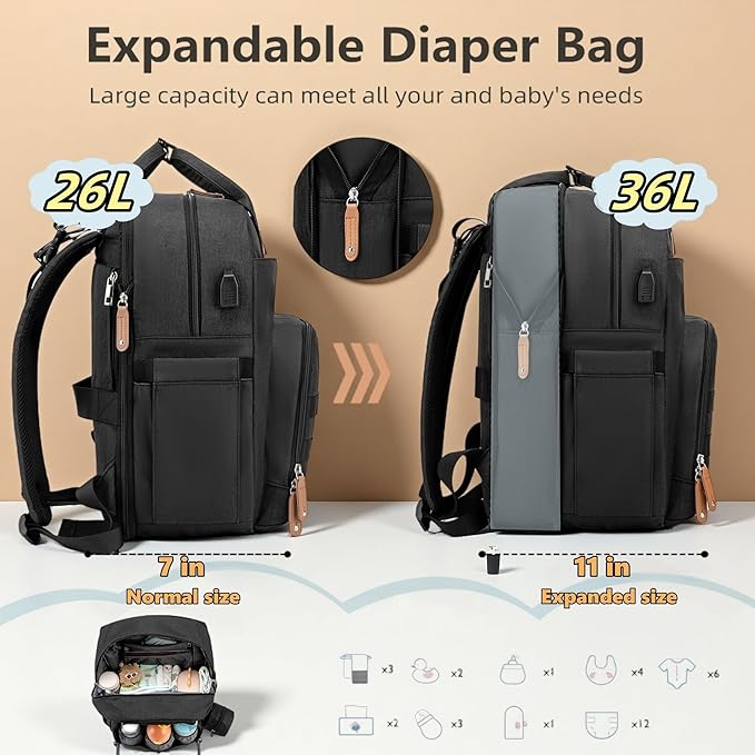 Expandable Diaper Bag Backpack for Dad and Mom – Large Capacity Baby Diaper Bag with Premium Leather, Changing Pad, Insulated Bottle Pockets, Stroller Straps, Laptop Sleeve – Black Travel Diaper Bag