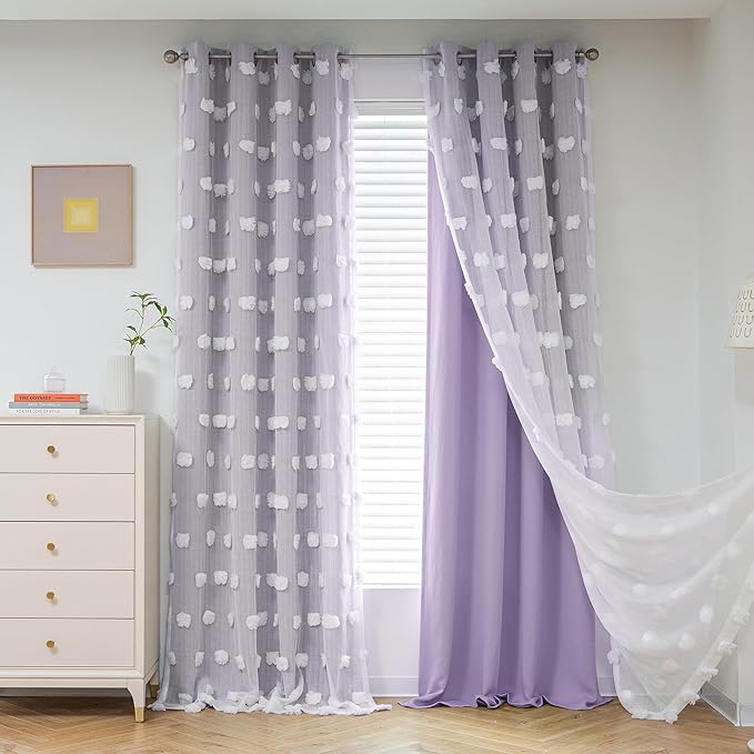 MYSKY HOME Girls Curtains for Bedroom Lilac Curtains 90 Inches Long Nursery Curtains White Pom Pom Sheer Curtains for Dining Room Grommet Double Layer Toddler Room Darkening Window Panels W52 X L90