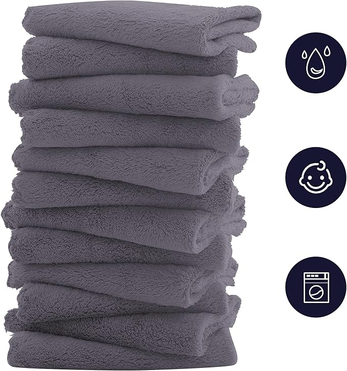 16 Pack Baby Washcloths - Luxury Coral Fleece - Extra Absorbent and Soft Wash Clothes for Newborns, Infants and Toddlers - Suitable for Sensitive Skin and New Born - Baby Shower - Grey, 10x10 Inch