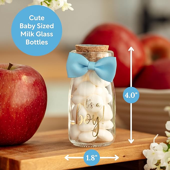 Ethisa Vintage 24 Pack It's a Boy Milk Glass Bottles with Ribbons and Stickers - Classy Baby Shower Favors for Guests and Table Centerpieces - Gender Reveal Boy Decorations - Baby Shower Candy Jar