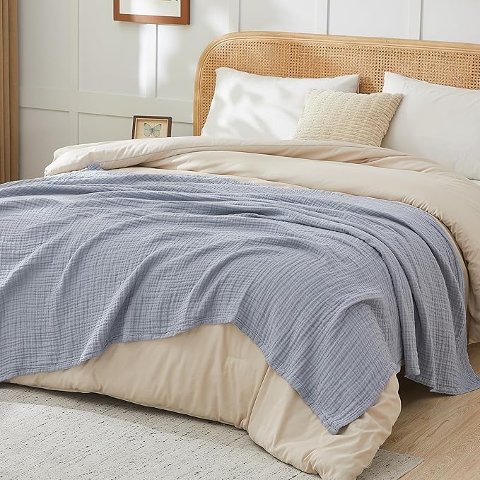 EMME Cotton Muslin Large Throw Blanket Couch Breathable Gauze Blanket Soft Lightweight Bed Blankets Adults (Dusty Blue, 50"x70")