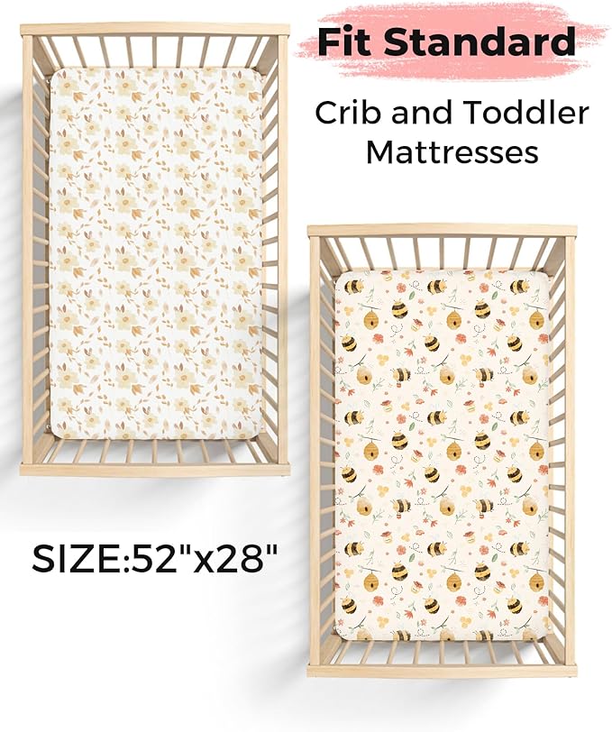 Crib Sheets for Boys and Girls, 2 Pack Fitted Baby Sheets for Standard Toddler Mattress 28" x 52", Soft Breathable Jersey Knit Baby Bedding (Honeybee Dreams)