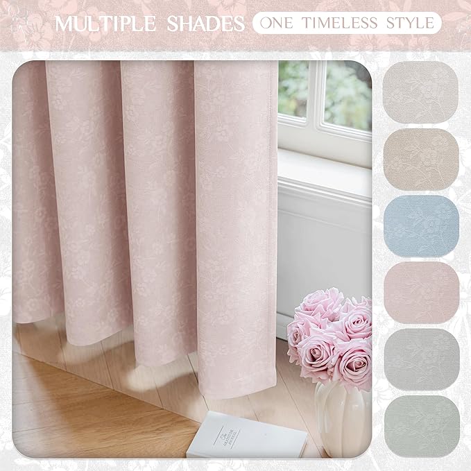 Beauoop Pink Floral Jacquard Blackout Curtains 63 Inches Long 2 Panels for Living Room Bedroom Chenille Flower Room Darkening Thermal Insulated Soundproof Grommet Window Drapes, 52x63 Set of 2