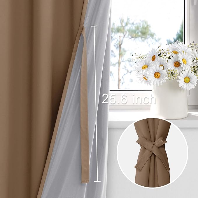 XWZO 100% Blackout Curtains 72 Inches Long with Tiebacks- Heat and Full Light Blocking, Thermal Insulated Window Panels with Grommets for Bedroom/Nursery, Cappuccino, W38 x L72, Set of 2 Draperies