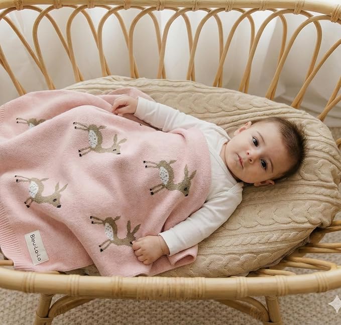 Knit Baby Swaddle Blanket - 100% Cotton Soft Cozy Receiving Swaddle Stroller Blanket for Shower Gift Registry for Newborns, Infants, Toddlers (Deer - Pink)