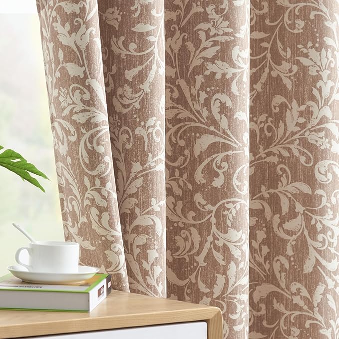jinchan 80% Blackout Curtains for Living Room, Farmhouse Drapes with Scroll Floral Patterned for Bedroom, Grommet Top Thermal Insulated Curtains, Vintage Country Drapes 96 inch Length 2 Panels Taupe