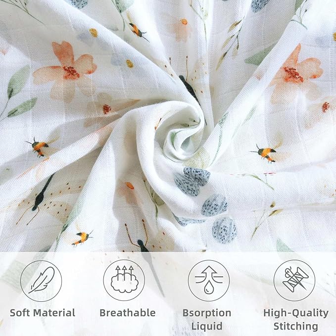 LifeTree Baby Swaddle Blankets, Muslin Swaddle Blankets Boys Girls Swaddling Wrap Receiving Blanket for Newborn, 70% Viscose Bamboo and 30% Cotton, Large 47" x 47", BlueFloral Pattern