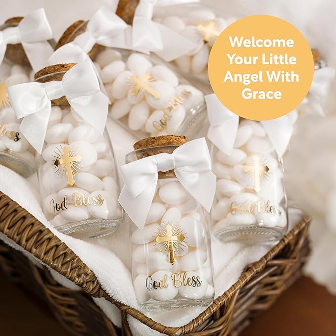 Ethisa Vintage 24 Pack Baptism Glass Bottles with Ribbons and Stickers - Classy God Bless Party Favors for Baptism and 1st Communion - Bautizo Table Centerpiece Decoration - Baby Christening Candy Jar
