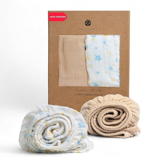 Salt Earth 100% Organic Cotton Muslin Standard Fitted Crib Sheet, 52"x28", 2 Pack Soft Breathable Natural Cotton Sheets Baby Mattress Bed Sheets, No Slip Neutral Baby Crib Sheet (Beige & Blue Star)