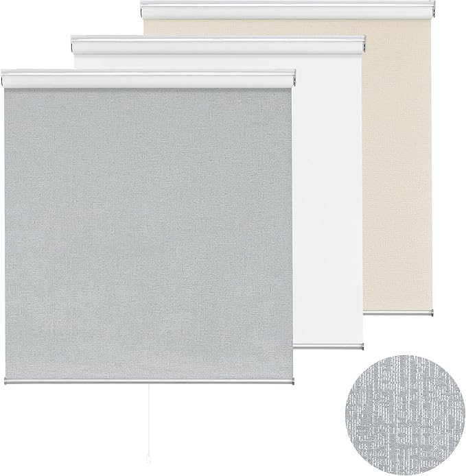 ChrisDowa Cordless 100% Blackout Roller Shade, with Striped Jacquard, Thermal Insulated, UV Protection Fabric, Total Blackout Blinds for Window, French Doors, Home and Office. Light Grey, 57"W x 72"H