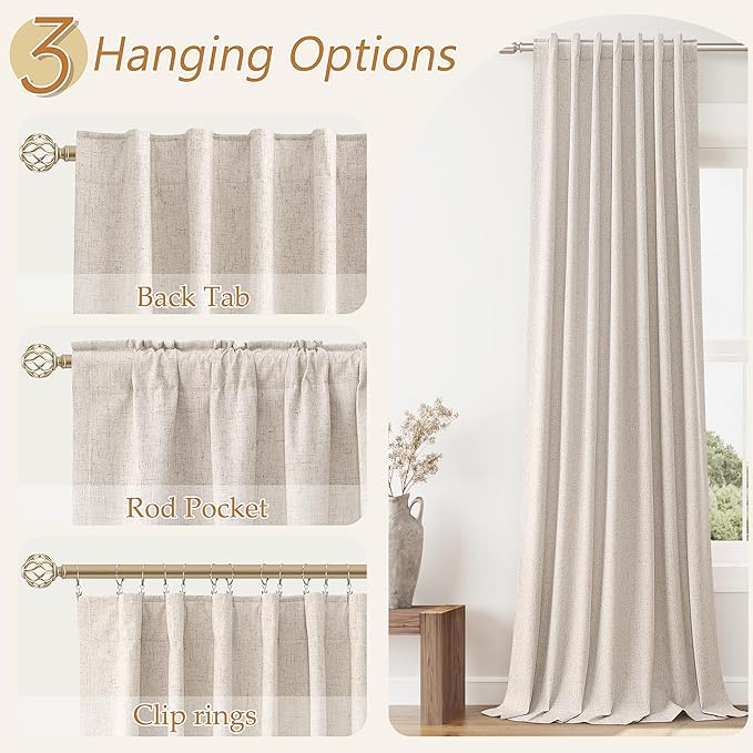 Guken Oatmeal 100% Blackout Linen Curtains 63 Inch Length 2 Panels Set for Living Room Bedroom Back Tab Thermal Insulated Black Out Linen Drapes Room Darkening Window Curtains 63 Inches Long