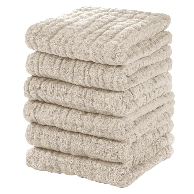 Unnivoll Muslin Baby Washcloths 6 Pack, 100% Cotton Wash Cloths for Babies, Large 12''X12'' Burp Cloths Absorbent and Soft for Newborn Infants Kids Boys Girls - Apricot