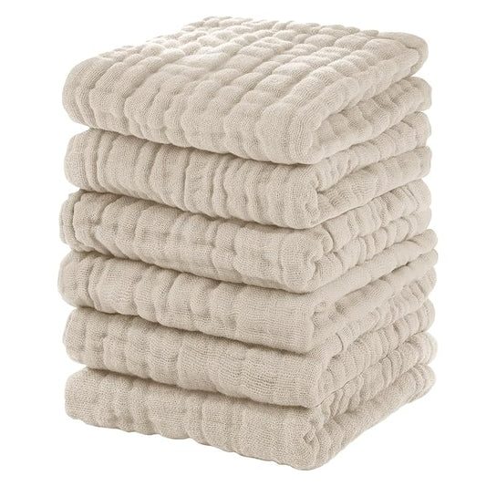 Unnivoll Muslin Baby Washcloths 6 Pack, 100% Cotton Wash Cloths for Babies, Large 12''X12'' Burp Cloths Absorbent and Soft for Newborn Infants Kids Boys Girls - Apricot