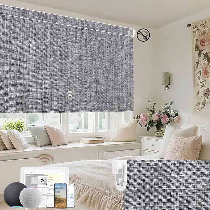 Kincmo No Drill Motorized Blinds with Remote, 100% Blackout Roller Shades for Windows, Custom Electric Blinds Compatible with Alexa, Apple Homekit, Google Home (100% Blackout Dual Sided Dark Grey)