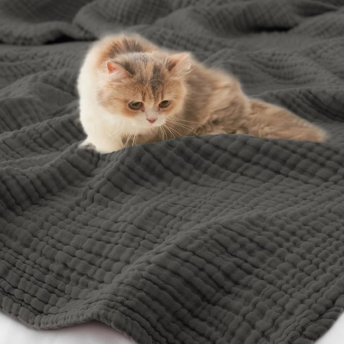 Carriediosa 100% Cotton Muslin Throw Blanket 50" X 70" Twin XL Size，4-Layers Summer Gauze Throws for Bed Couch，Soft Lightweight Breathable Linen Blankets Bedspread for Adults All Season，Dark Grey