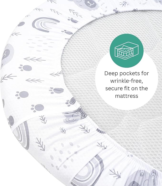 Bassinet Sheets for Dream On Me Karley, Lacy, Poppy, Chicco LullaGlide, Ingenuity Foldaway Rocking, Safety 1st Nap and Go, 3 Pack, 33 x 17, Ultra Soft, Unisex Boys Girls, Gray (Woodland Rainbow)