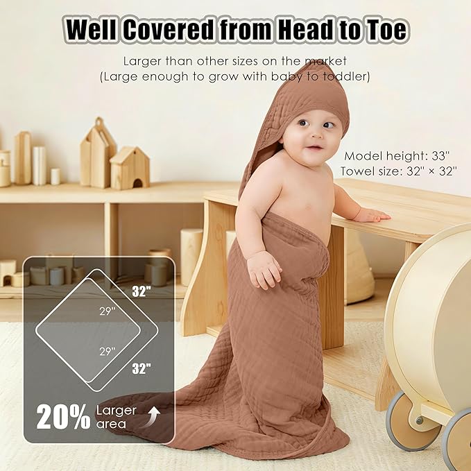Sunny zzzZZ Muslin Hooded Baby Bath Towels - 3 Pack 100% Cotton Soft Low-Saturation Pastel Towels Including Classic White for Newborns, Infants, Toddlers - 32x32 Inch - Light Bean Paste and White