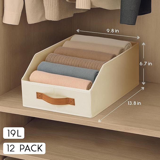 Fabric Storage Bins for Organizing - 12 Pack Large Trapezoid Collapsible Storage Bins with Front Handle, Closet Organizers and Storage for Bedroom, Home Shelves, Small Spaces, Beige