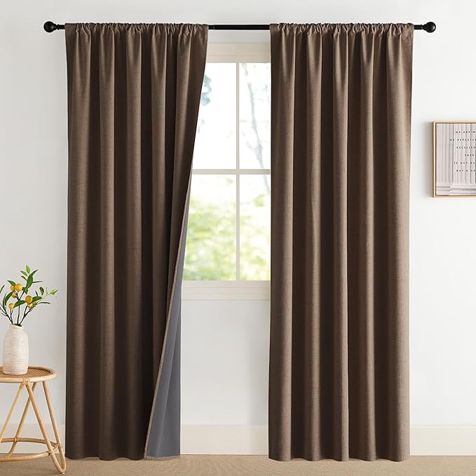 NICETOWN 2 Panels Coffee Vintage Linen 100% Blackout Curtains, 52 x 80 Inches, Rod Pocket Thermal Insulated & Noise Reducing Drapes for Living Room, Bedroom Modern, Simple & Versatile Design