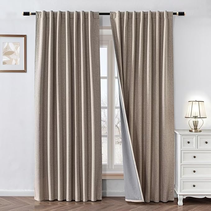 100% Blackout Curtains 72 inch Length 2 Panels Faux Linen Long Drapes for Bedroom Living Room Black Out Room Darkening Curtain Thermal Insulated Back Tab Rod Pocket(W52 x L72, Light Beige)