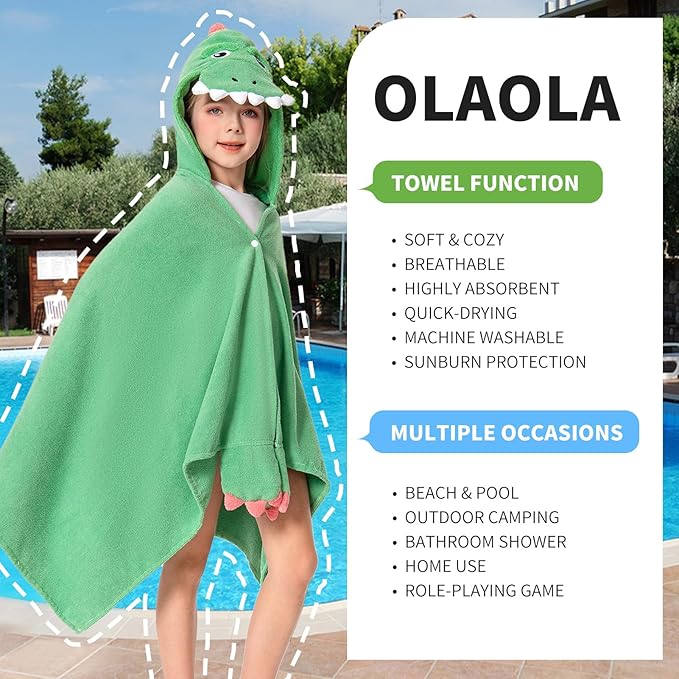 OLAOLA Dinosaur Hooded Towel for Kids 3-12 Years, 28" x 53" Soft Thick Absorbent Beach Towels, Toddler Bath Towel Wrap, Swim Pool Towels Poncho for Boys Girls